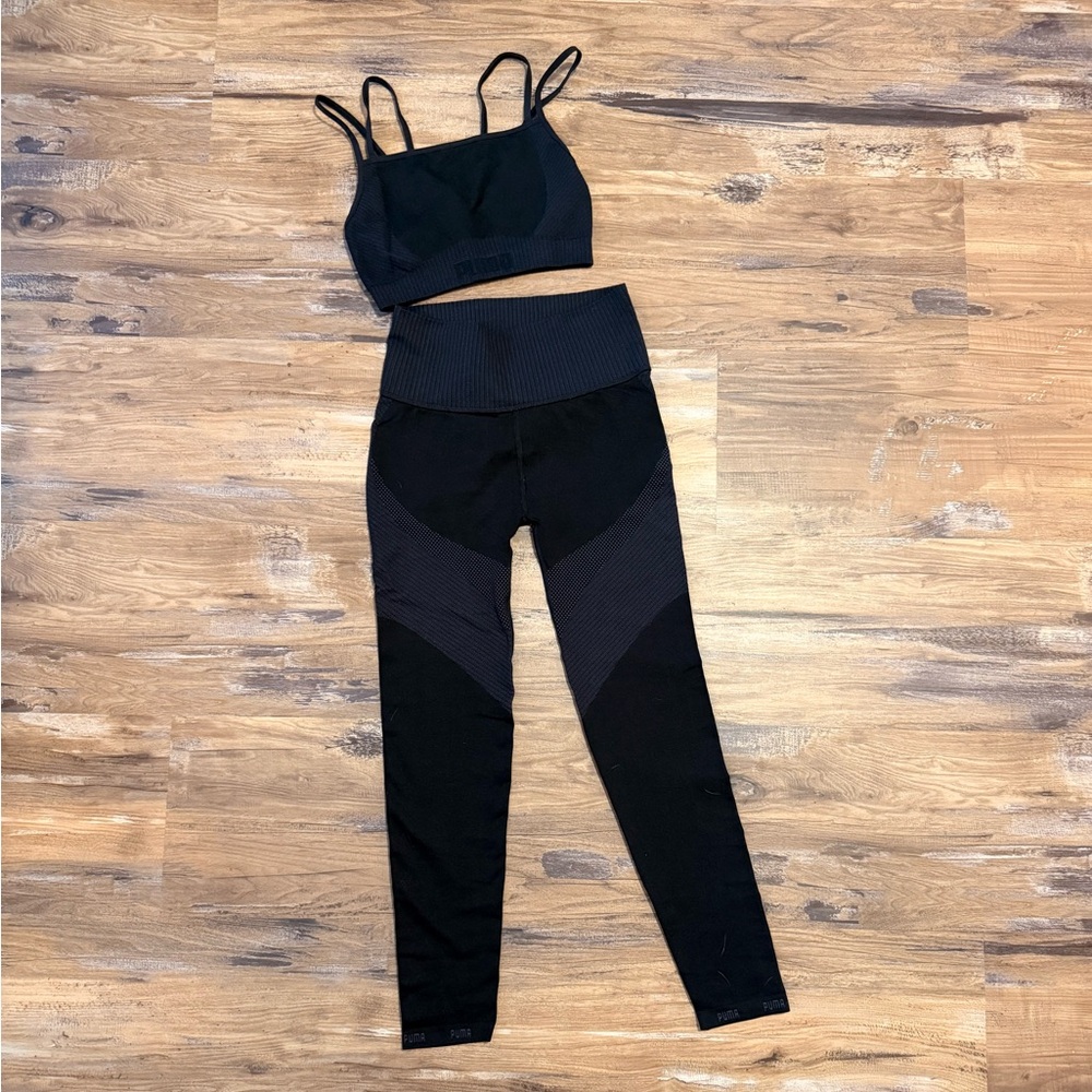 PUMA Black & Grey Seamless Ribbed Active Set - Top & High-Waist Leggings